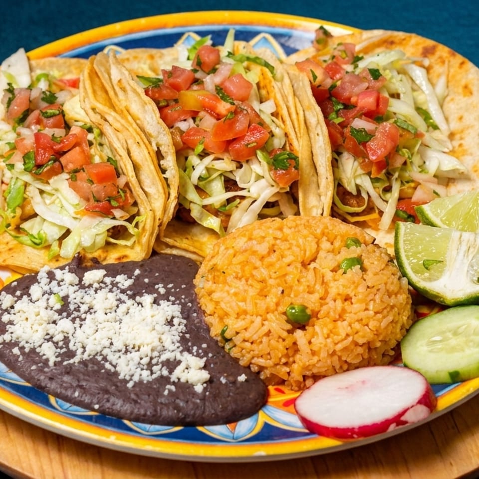 Three tacos with rice, refried beans, lime, cucumber, and radish on a colorful plate.