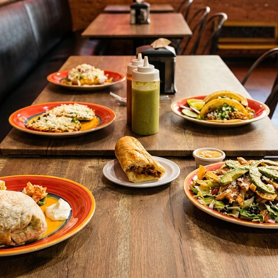 A table laden with various Mexican dishes, including tacos, burritos, and salads, in a restaurant.