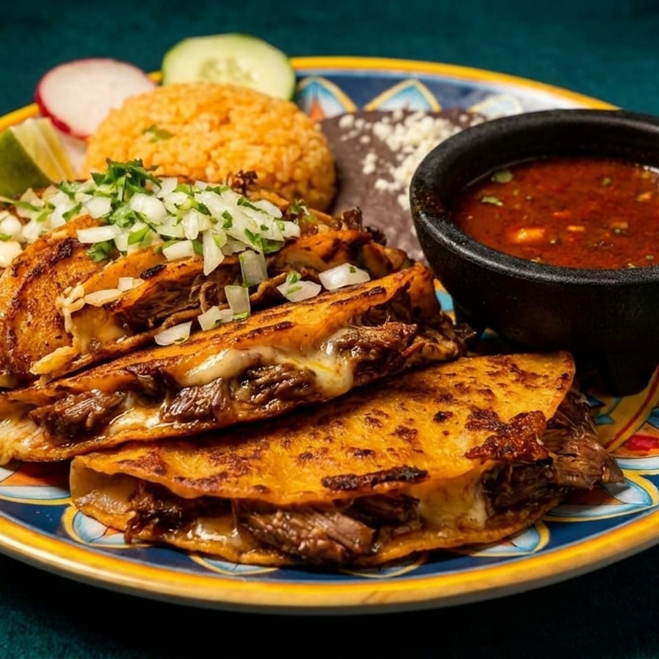 Birria tacos with melted cheese, rice, beans, lime, radish, cucumber, and a side of consommé.