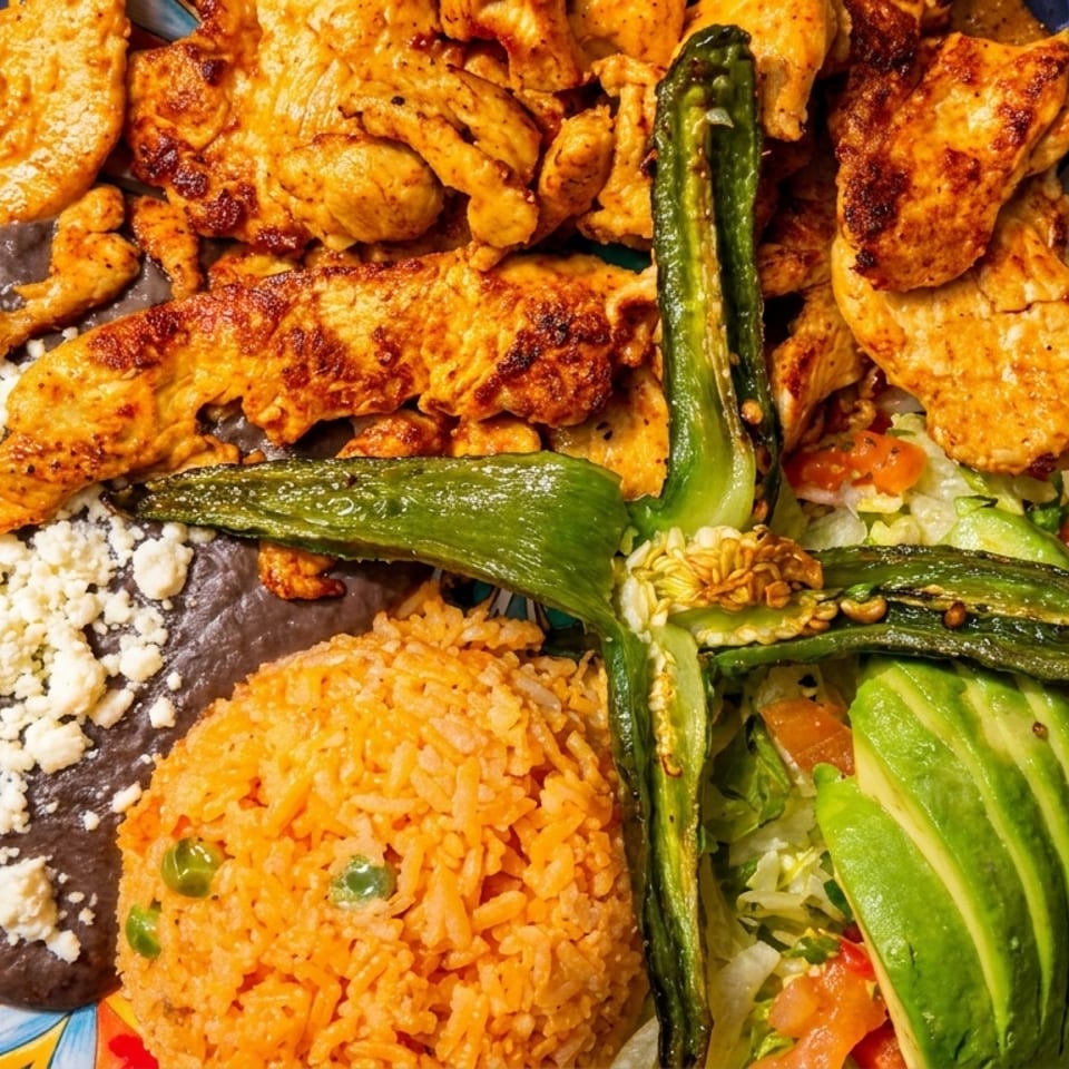 Grilled chicken, refried beans with cheese, rice, salad, avocado, and a roasted pepper on a plate.