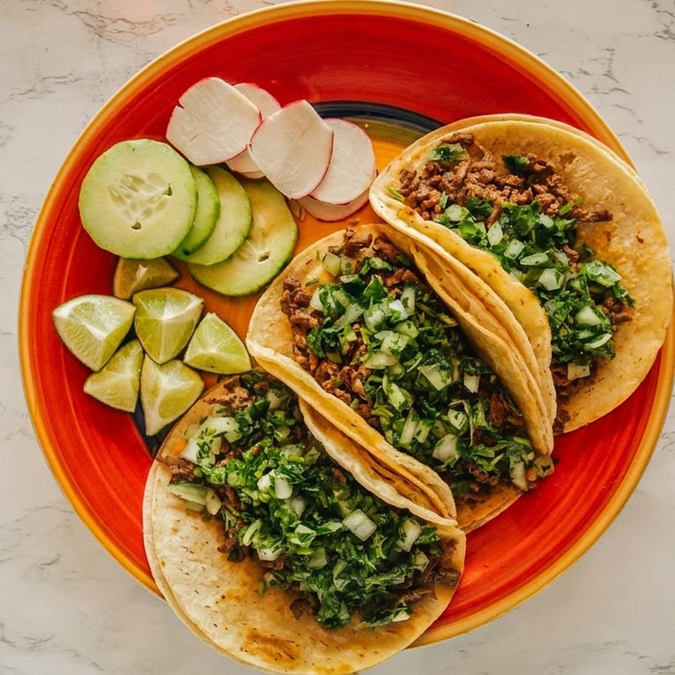 Three street tacos with meat, cilantro, and onions, served with lime, cucumber, and radish slices.