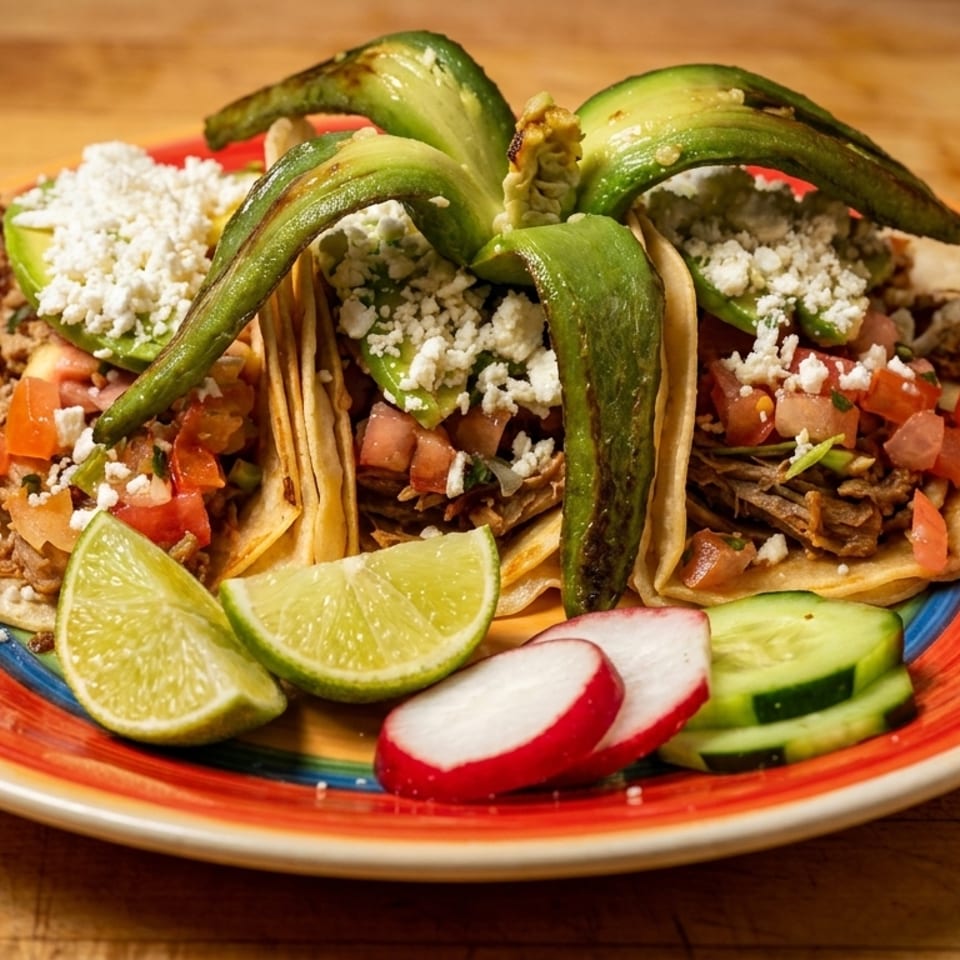 Three tacos with meat, pico de gallo, cheese, and avocado on a colorful plate with lime, radish, and cucumber.
