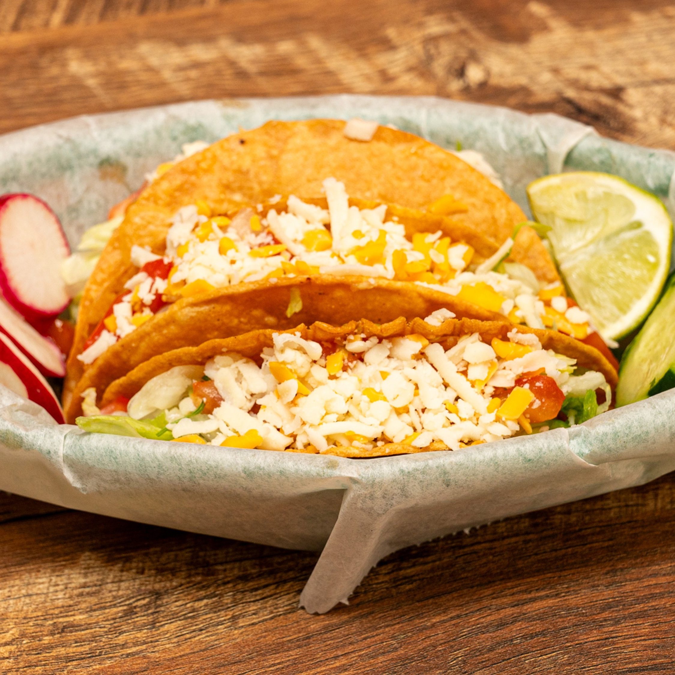 3 hard shell tacos.