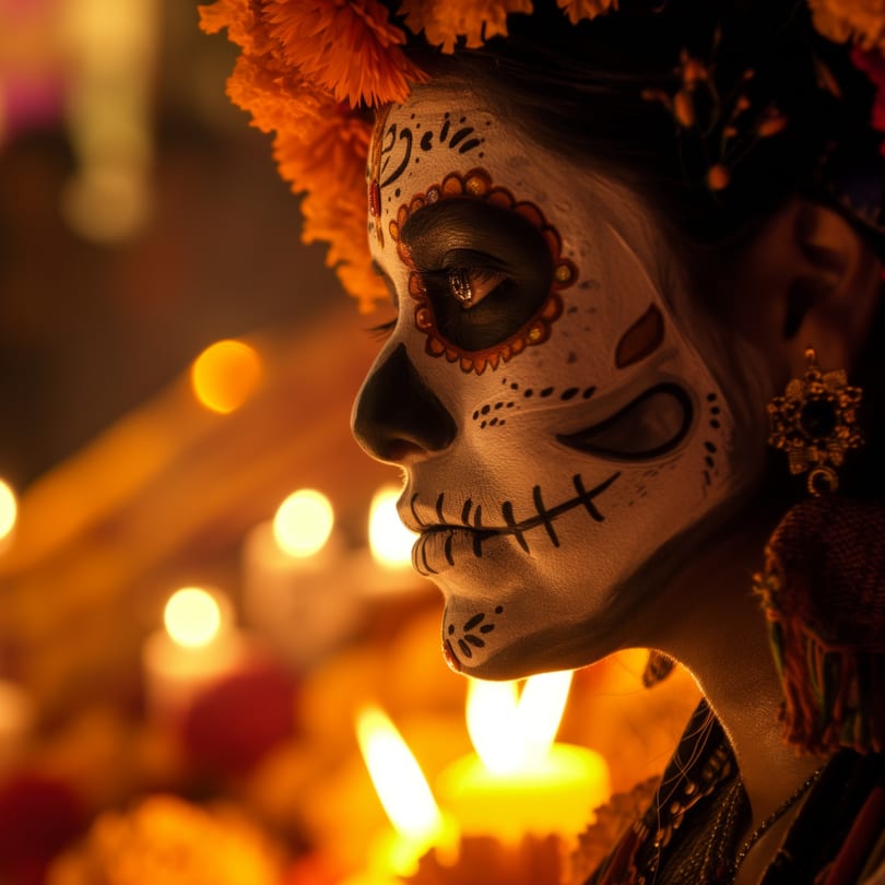 Profile of a person with intricate Day of the Dead sugar skull makeup and marigold flowers.